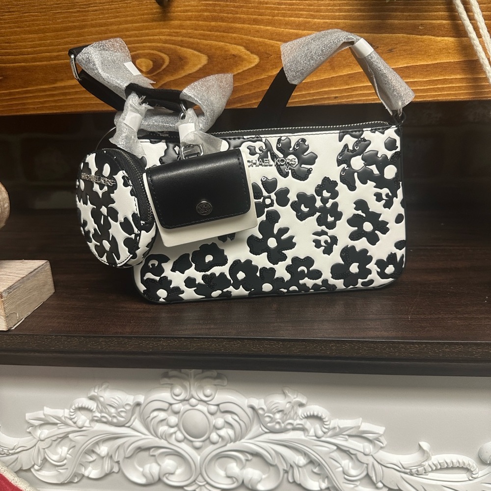 Michael Kors Black and White Floral Shoulder Bag